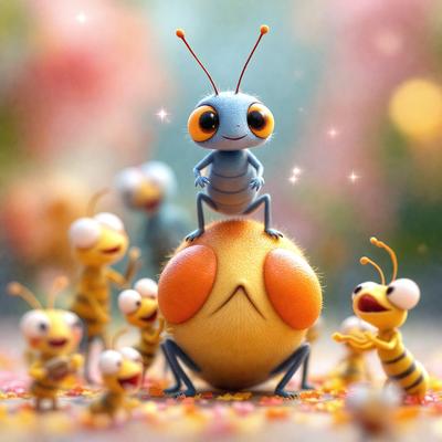 The primary subject of the image is a group of small insects, including a large blue one, sitting on a yellow ball. The setting is a colorful and vibrant environment, with a mix of yellow, orange, and pink colors. The visual style is a digital art or illustration, creating a whimsical and playful atmosphere. The colors and mood of the image are lively and cheerful, with the insects and the yellow ball being the main focus of the scene.